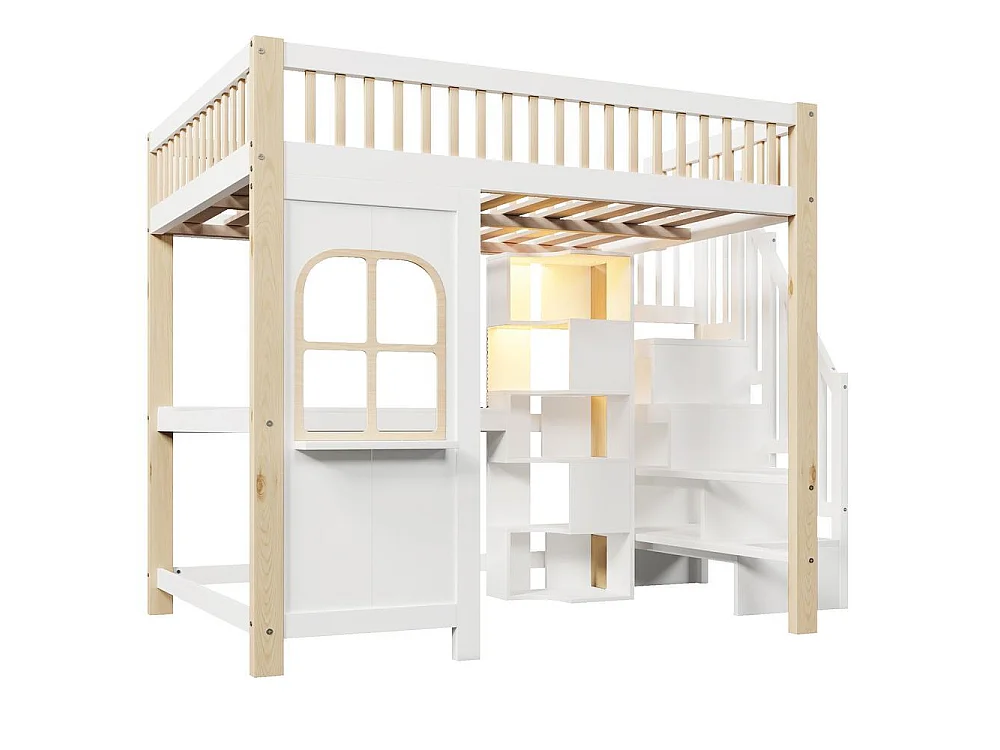 Lit mezzanine 140x200 cm et bois, LED, fenêtre, échelle de rangement, bureau, prise, cadre pin et MDF, blanc naturel