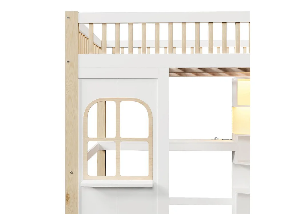 Lit mezzanine 140x200 cm et bois, LED, fenêtre, échelle de rangement, bureau, prise, cadre pin et MDF, blanc naturel