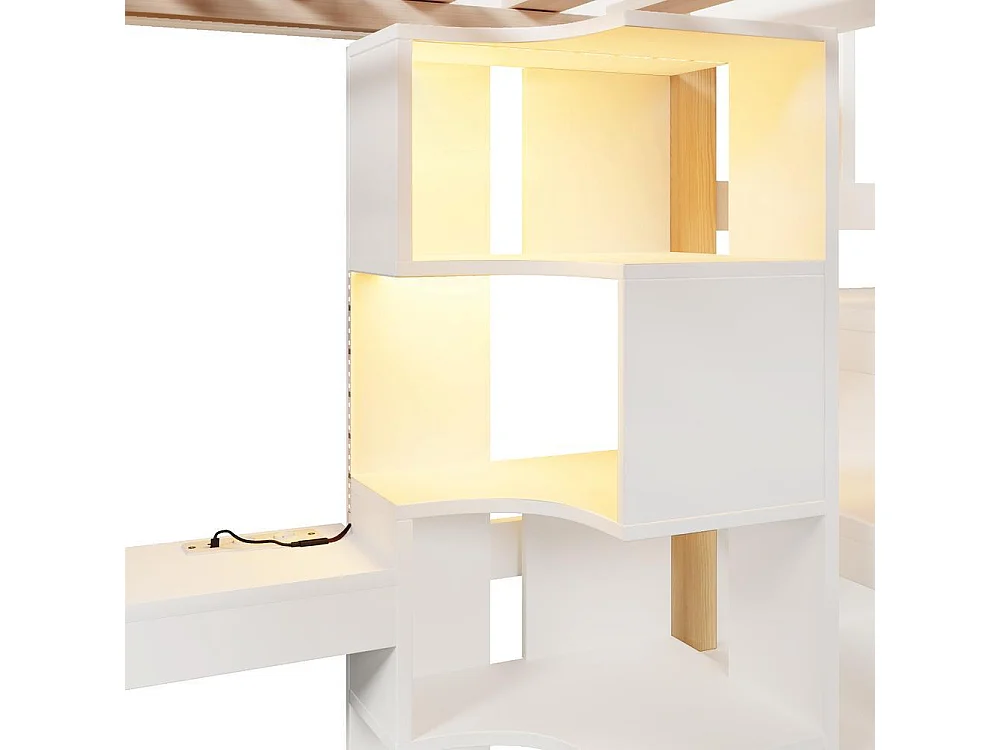 Lit mezzanine 140x200 cm et bois, LED, fenêtre, échelle de rangement, bureau, prise, cadre pin et MDF, blanc naturel