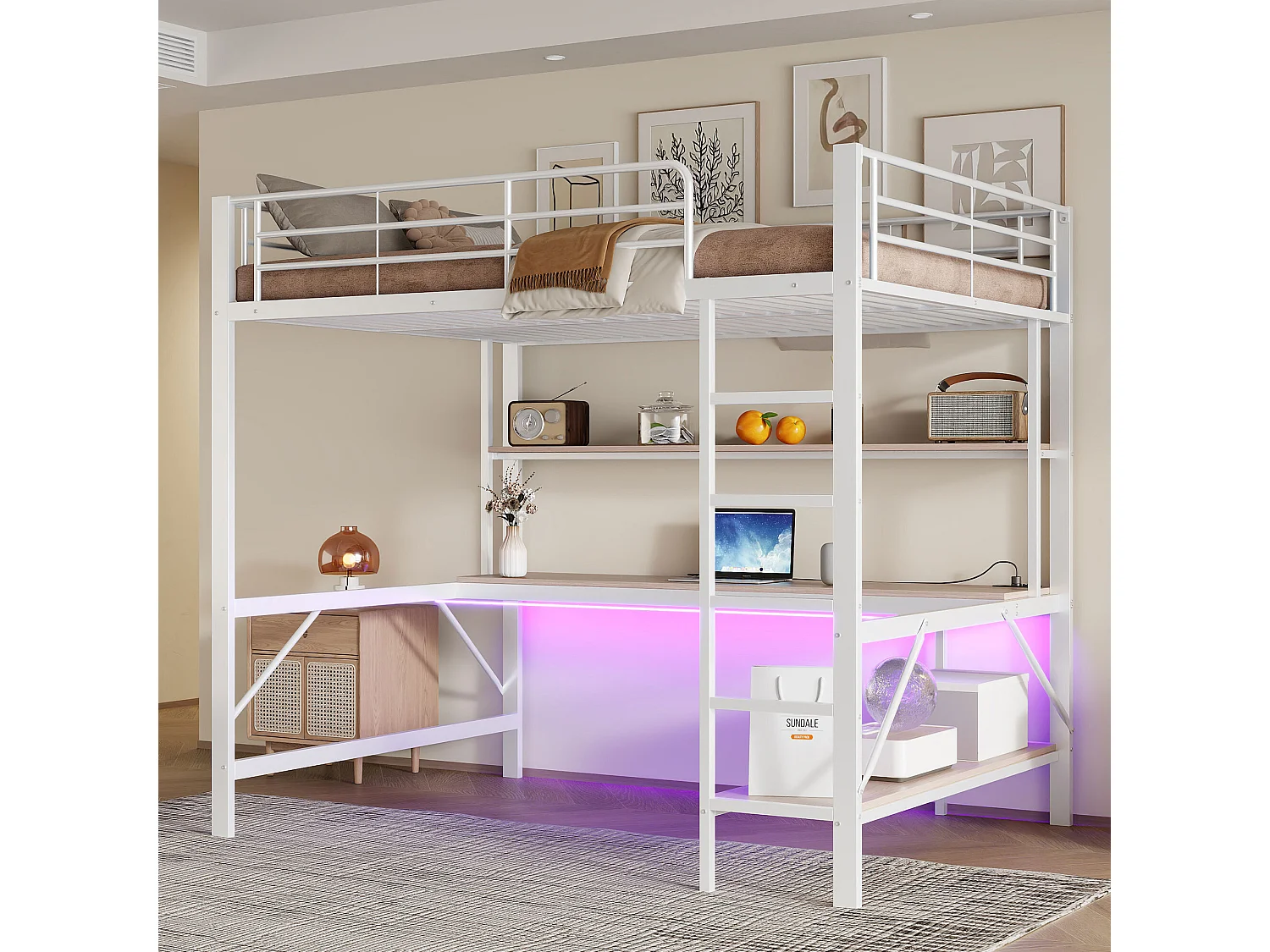 Lit Mezzanine Blanc 140x200 cm avec Bureau Étagères LED, Prises USB et Secteur, Échelle Garde-Corps Sécurité, Métal MDF,Contrôle App