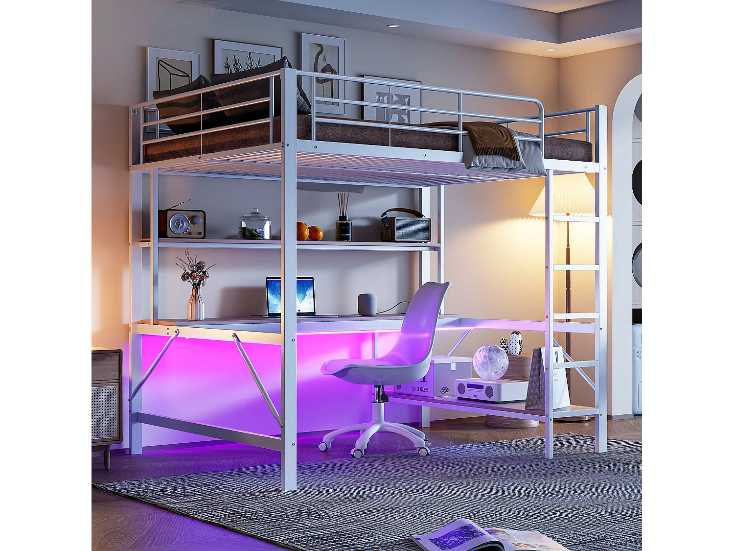 Lit Mezzanine Blanc 140x200 cm avec Bureau Étagères LED, Prises USB et Secteur, Échelle Garde-Corps Sécurité, Métal MDF,Contrôle App