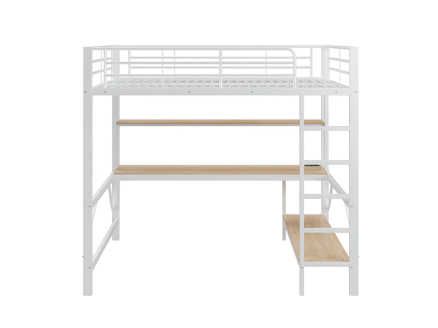Lit Mezzanine Blanc 140x200 cm avec Bureau Étagères LED, Prises USB et Secteur, Échelle Garde-Corps Sécurité, Métal MDF,Contrôle App