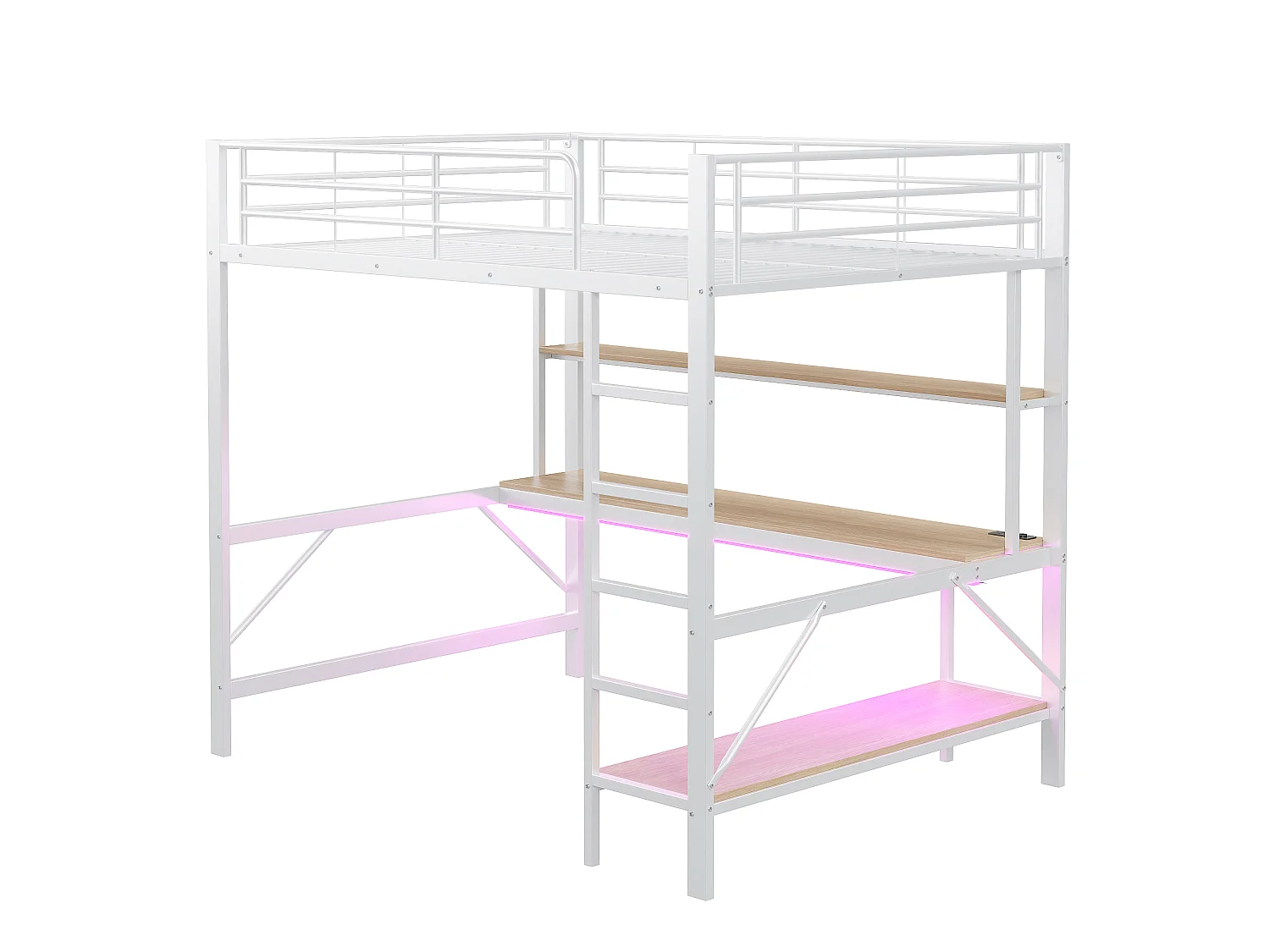 Lit Mezzanine Blanc 140x200 cm avec Bureau Étagères LED, Prises USB et Secteur, Échelle Garde-Corps Sécurité, Métal MDF,Contrôle App