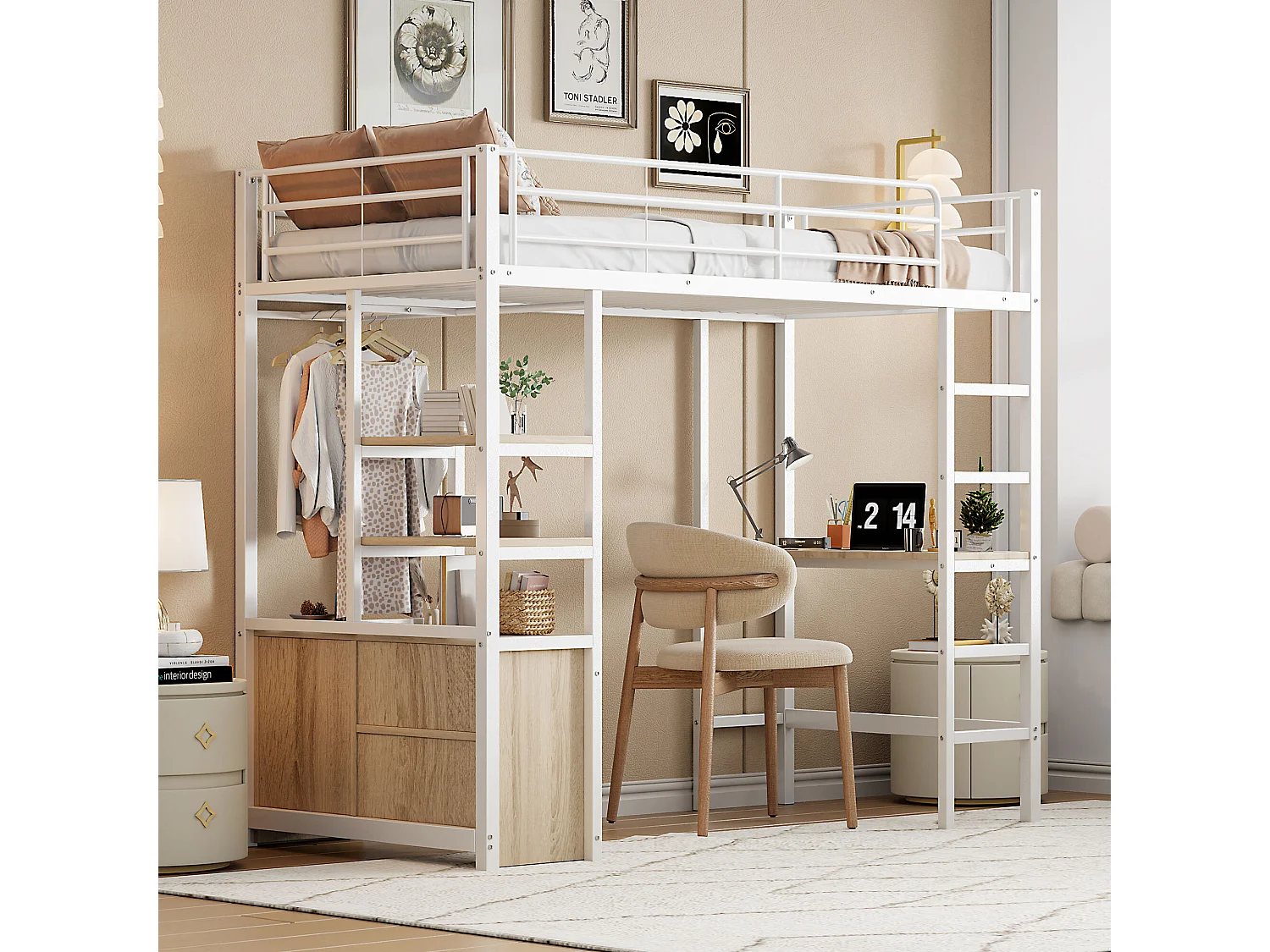 Lit mezzanine 90x200 cm avec bureau, prise USB, étagères, armoire ouverte, garde-corps, échelle, cadre en fer blanc