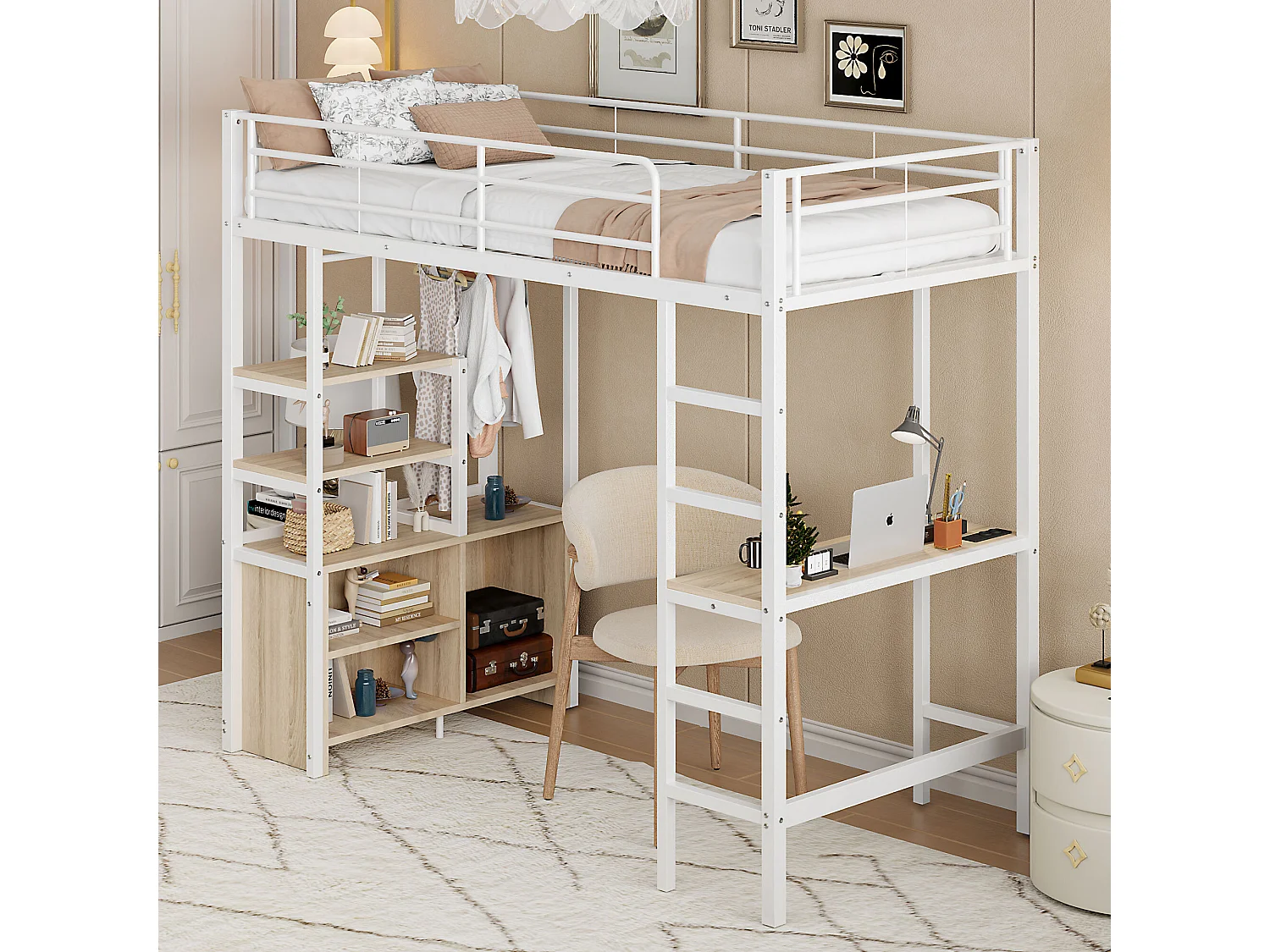 Lit mezzanine 90x200 cm avec bureau, prise USB, étagères, armoire ouverte, garde-corps, échelle, cadre en fer blanc