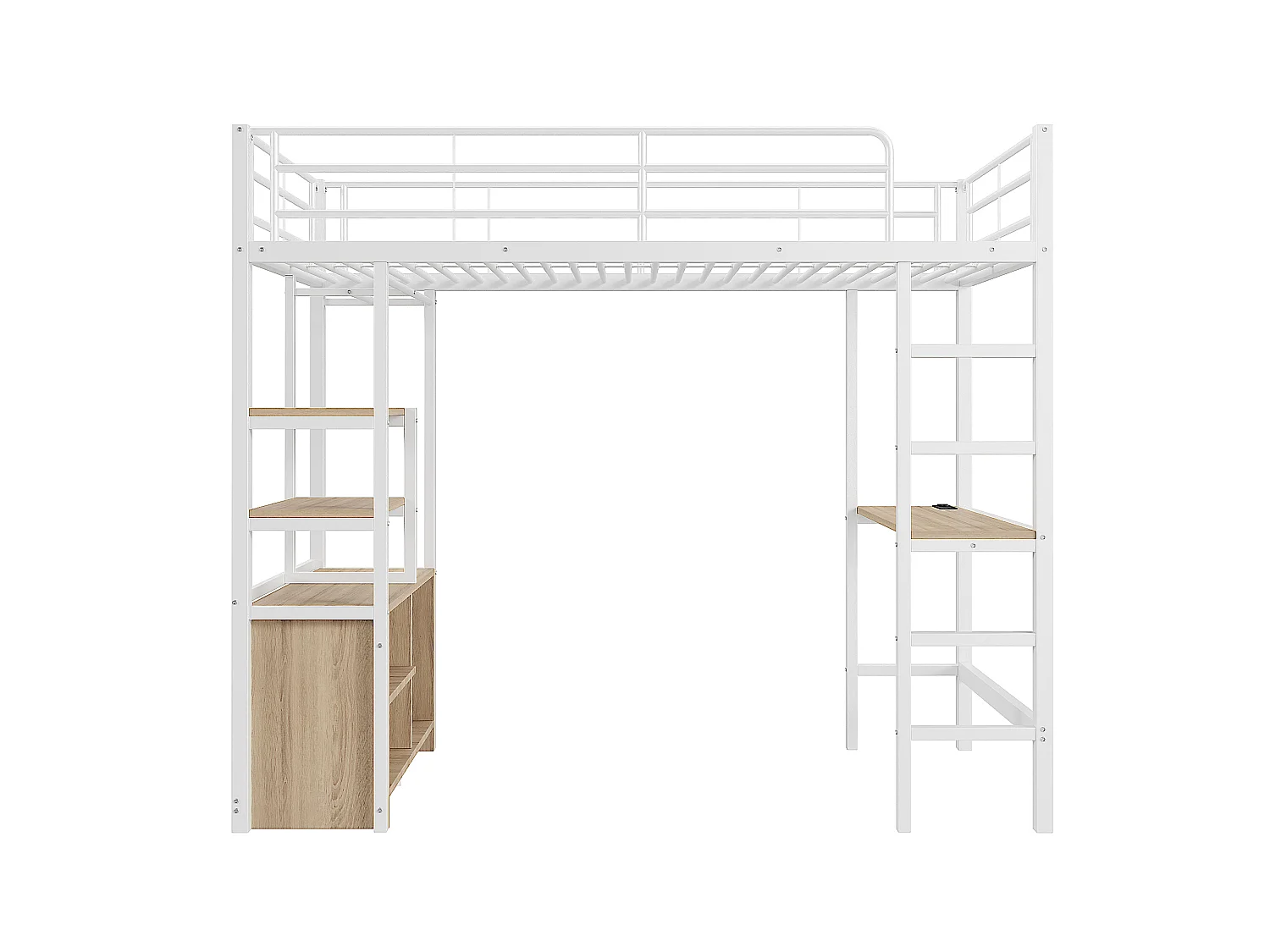Lit mezzanine 90x200 cm avec bureau, prise USB, étagères, armoire ouverte, garde-corps, échelle, cadre en fer blanc