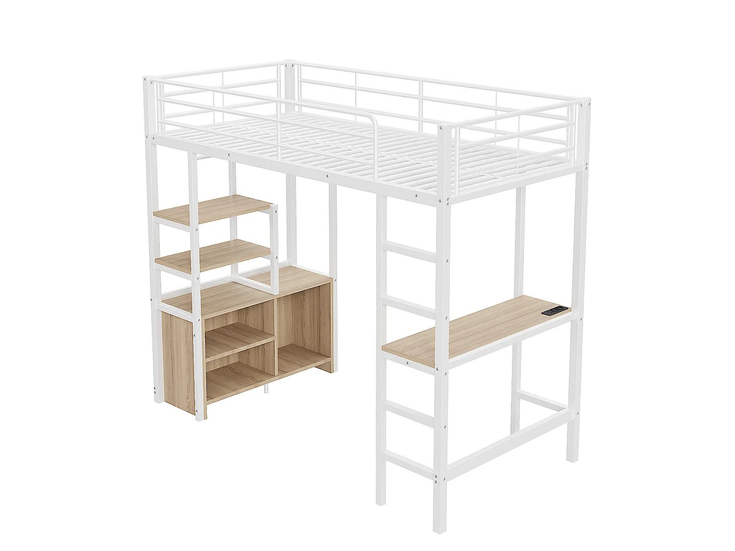 Lit mezzanine 90x200 cm avec bureau, prise USB, étagères, armoire ouverte, garde-corps, échelle, cadre en fer blanc