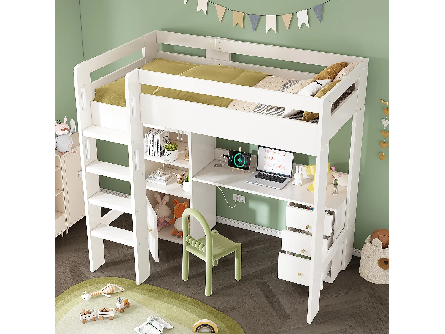 Lit Enfants 90x200cm, Bureau USB-C, Placard+Armoire 3 Tiroirs, Echelle Securite EN747, Rangement Modulaire, Sans Matelas, Blanc