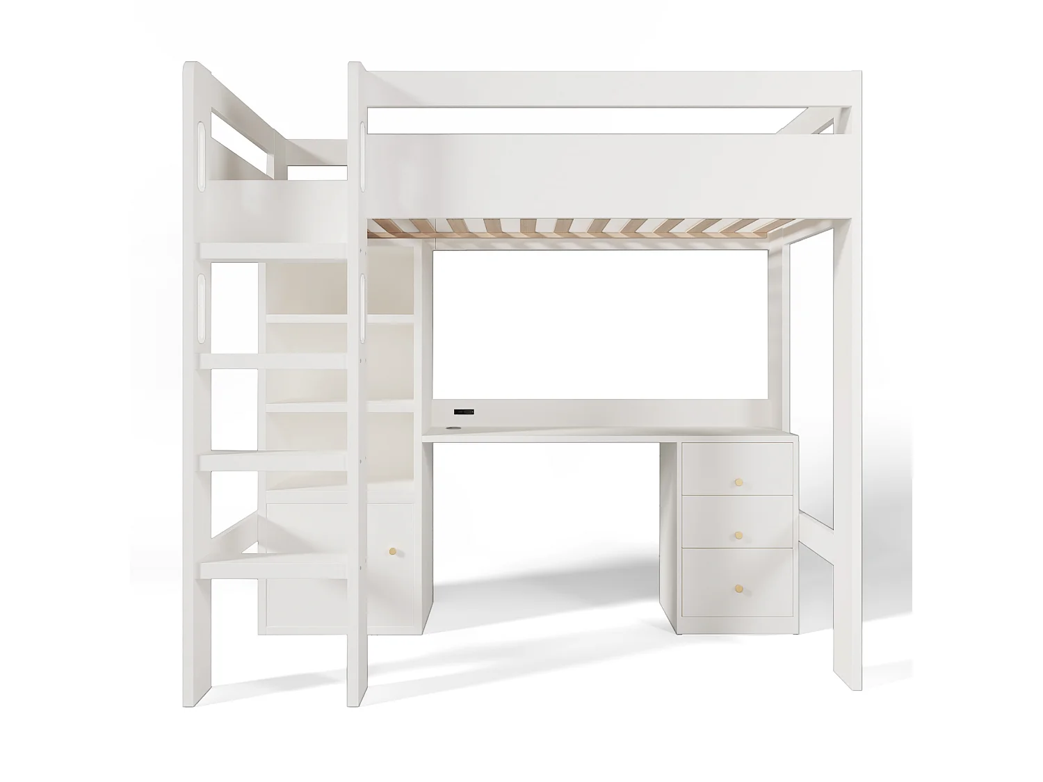 Lit Enfants 90x200cm, Bureau USB-C, Placard+Armoire 3 Tiroirs, Echelle Securite EN747, Rangement Modulaire, Sans Matelas, Blanc