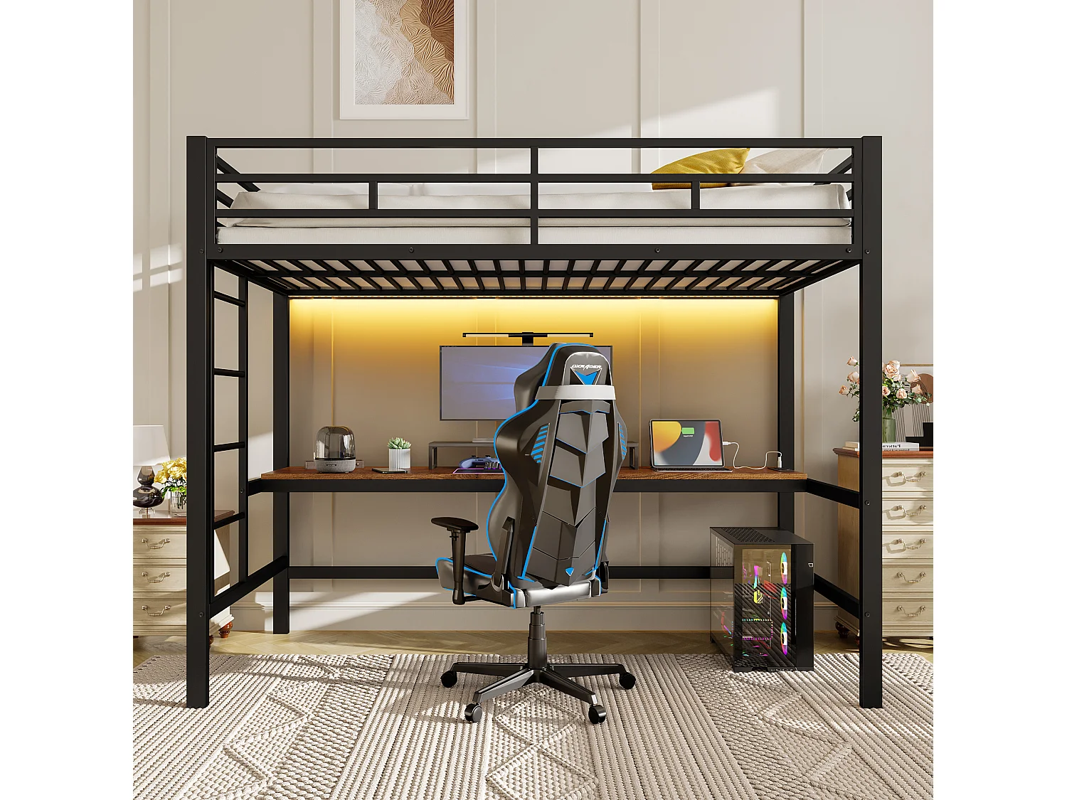 Lit mezzanine 90x200 cm noir, avec bureau, USB C, prise et LED, échelle avec garde corps, structure en métal