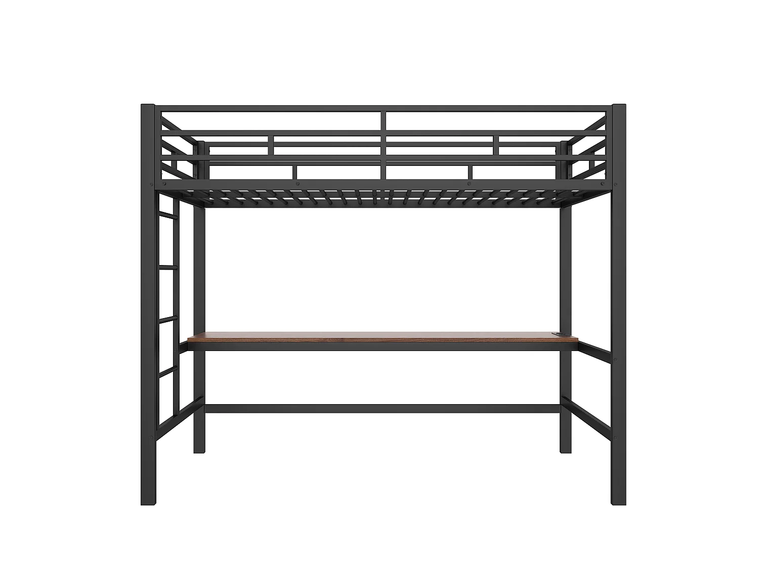 Lit mezzanine 90x200 cm noir, avec bureau, USB C, prise et LED, échelle avec garde corps, structure en métal