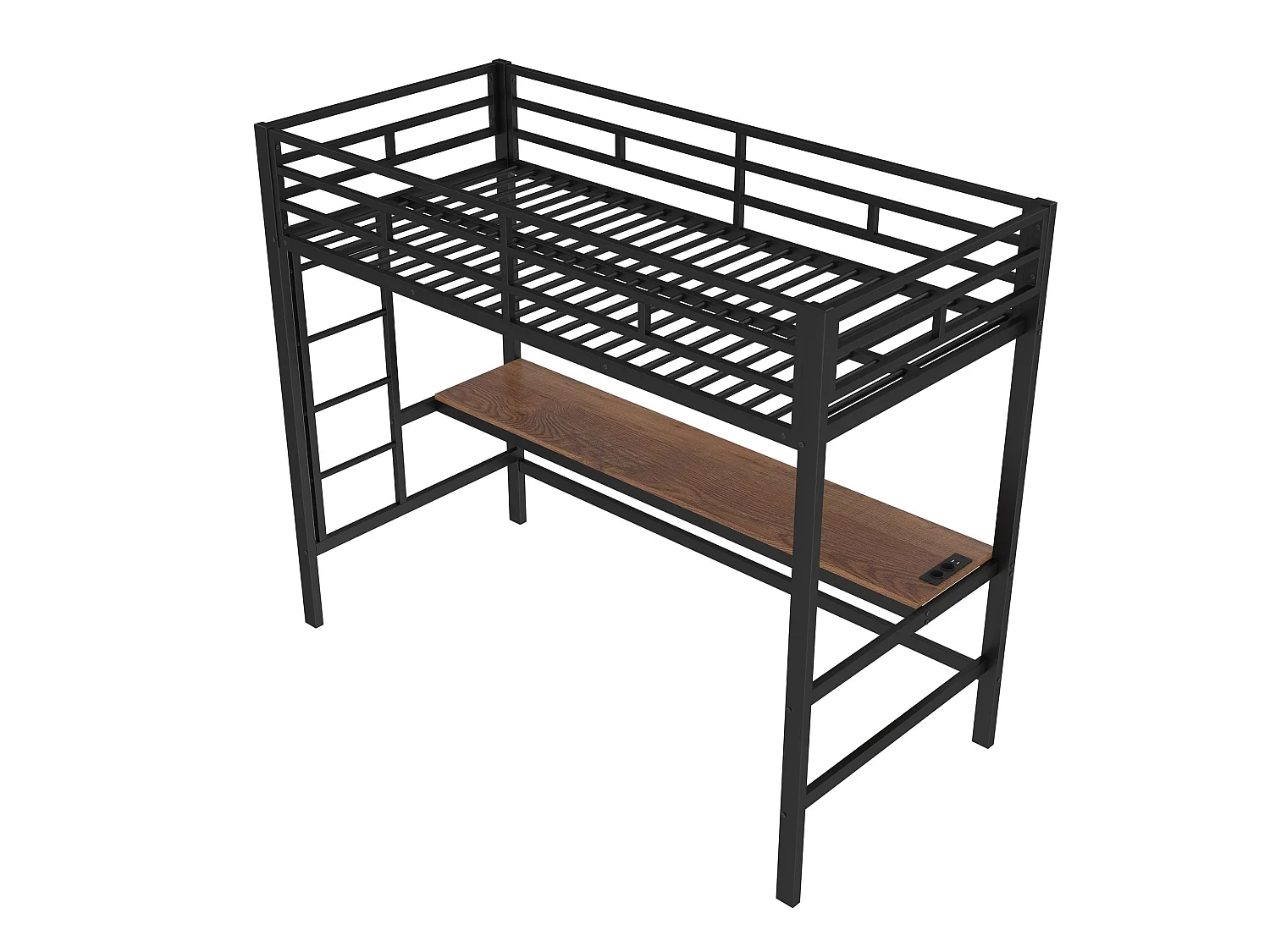 Lit mezzanine 90x200 cm noir, avec bureau, USB C, prise et LED, échelle avec garde corps, structure en métal