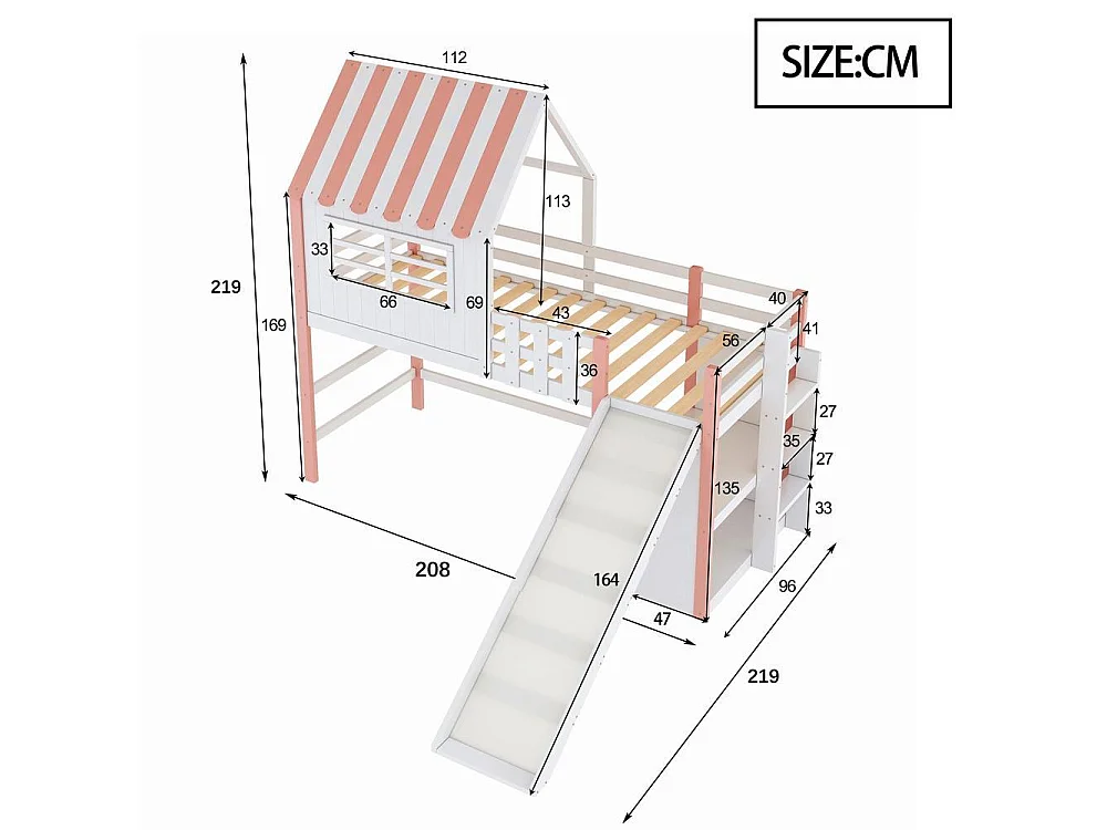 Lit mezzanine enfant 90x200 cm bois massif avec toboggan sécuritaire escalier tiroirs étagères multifonction, rose