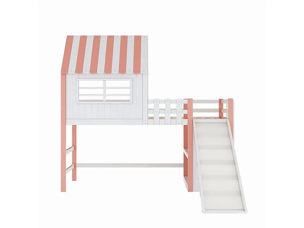 Lit mezzanine enfant 90x200 cm bois massif avec toboggan sécuritaire escalier tiroirs étagères multifonction, rose