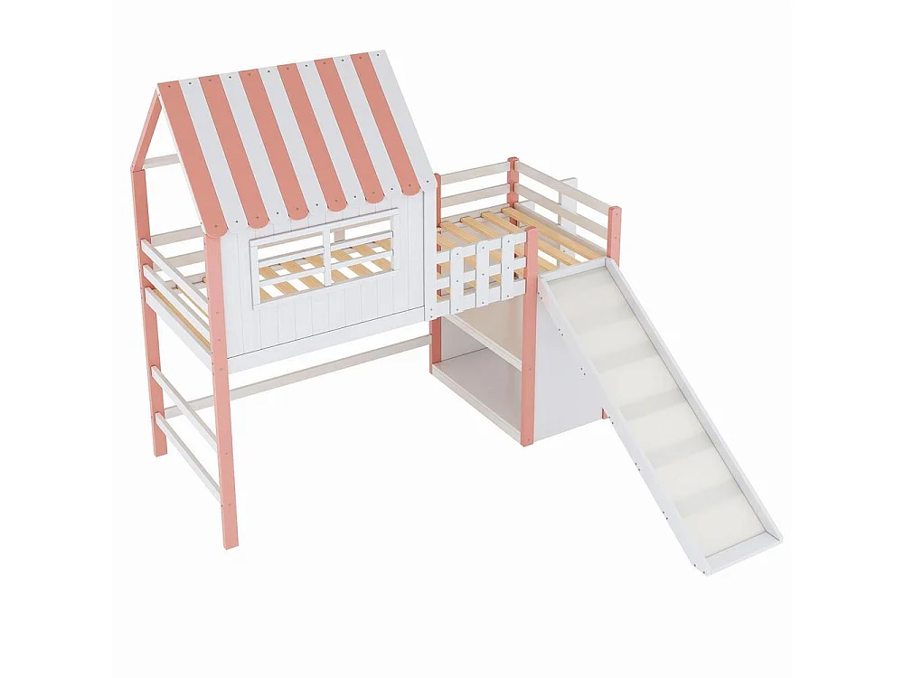 Lit mezzanine enfant 90x200 cm bois massif avec toboggan sécuritaire escalier tiroirs étagères multifonction, rose