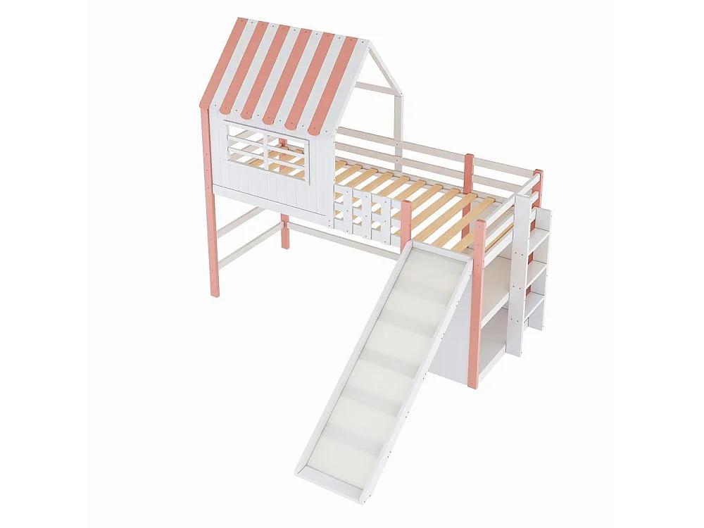 Lit mezzanine enfant 90x200 cm bois massif avec toboggan sécuritaire escalier tiroirs étagères multifonction, rose