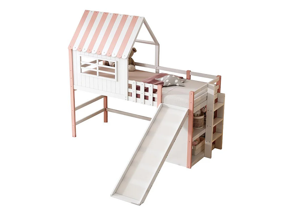 Lit mezzanine enfant 90x200 cm bois massif avec toboggan sécuritaire escalier tiroirs étagères multifonction, rose