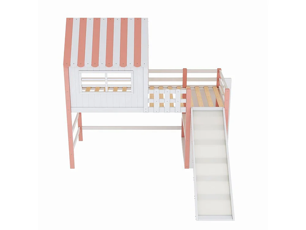 Lit mezzanine enfant 90x200 cm bois massif avec toboggan sécuritaire escalier tiroirs étagères multifonction, rose