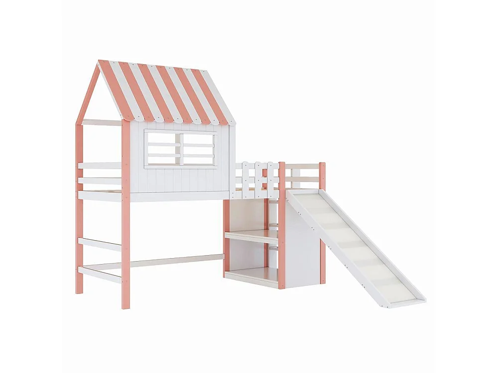 Lit mezzanine enfant 90x200 cm bois massif avec toboggan sécuritaire escalier tiroirs étagères multifonction, rose