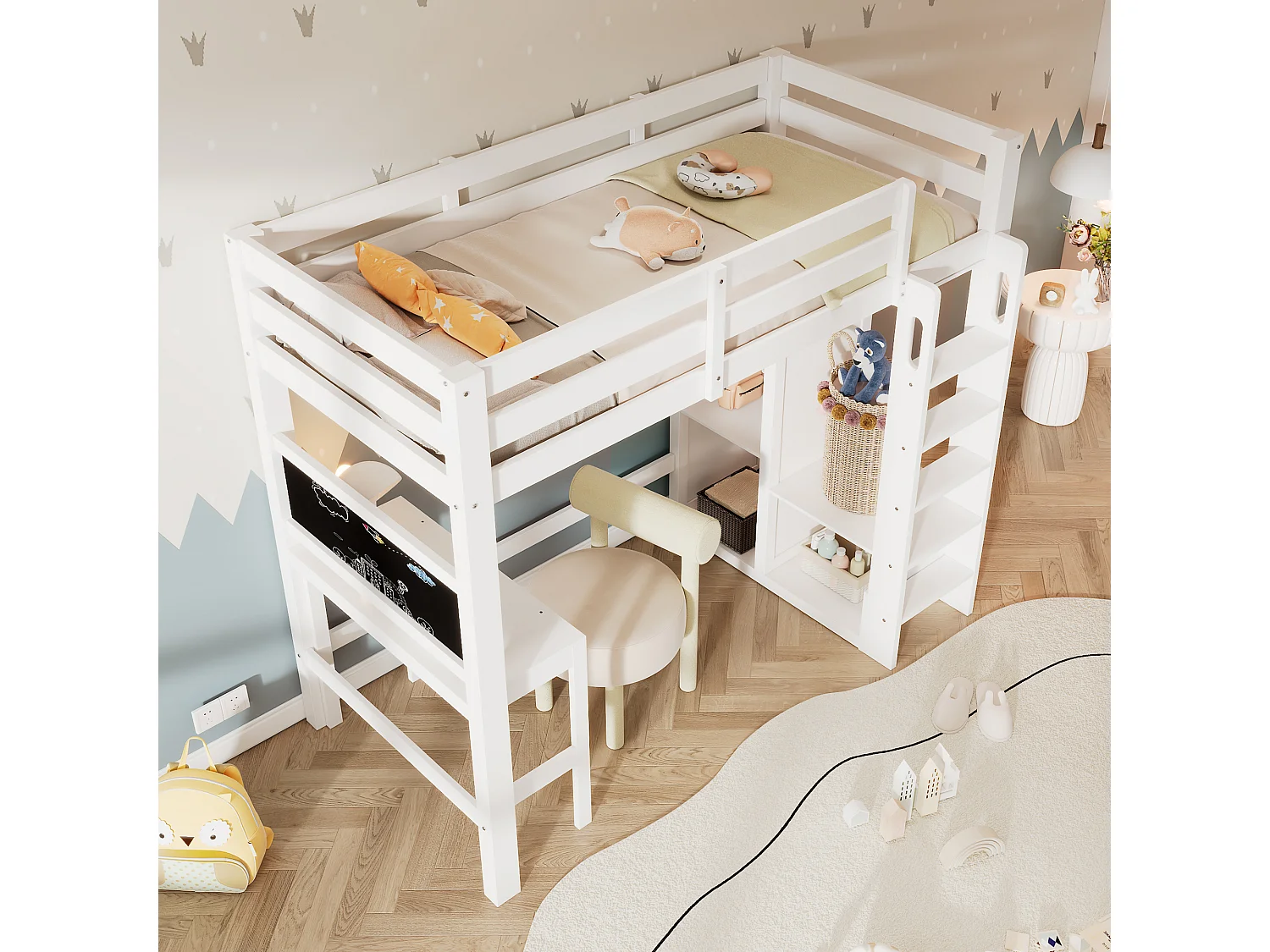 Lit Enfant 90x200, Mezzanine Bureau Tiroirs, Tablette, Sans Matelas, Blanc