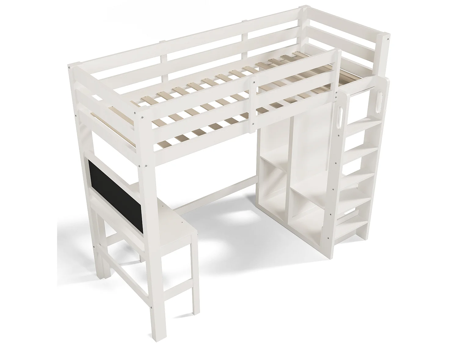 Lit Enfant 90x200, Mezzanine Bureau Tiroirs, Tablette, Sans Matelas, Blanc