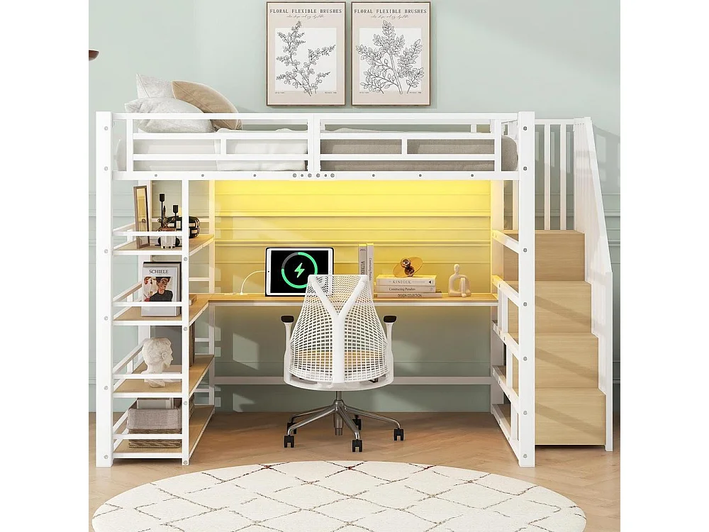 Lit mezzanine 140x200 cm en métal avec bureau intégré, LED RGB, USB, étagères de rangement, escalier sécurisé, blanc