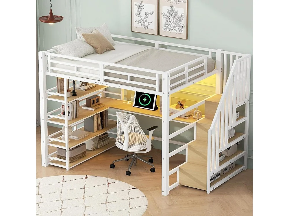 Lit mezzanine 140x200 cm en métal avec bureau intégré, LED RGB, USB, étagères de rangement, escalier sécurisé, blanc