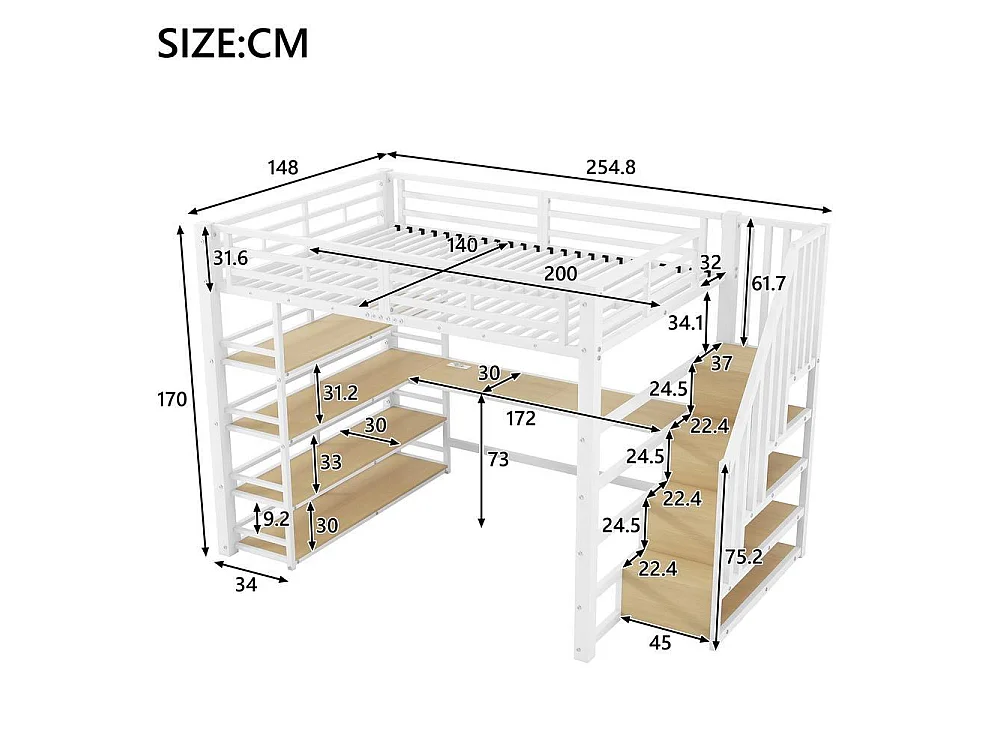 Lit mezzanine 140x200 cm en métal avec bureau intégré, LED RGB, USB, étagères de rangement, escalier sécurisé, blanc