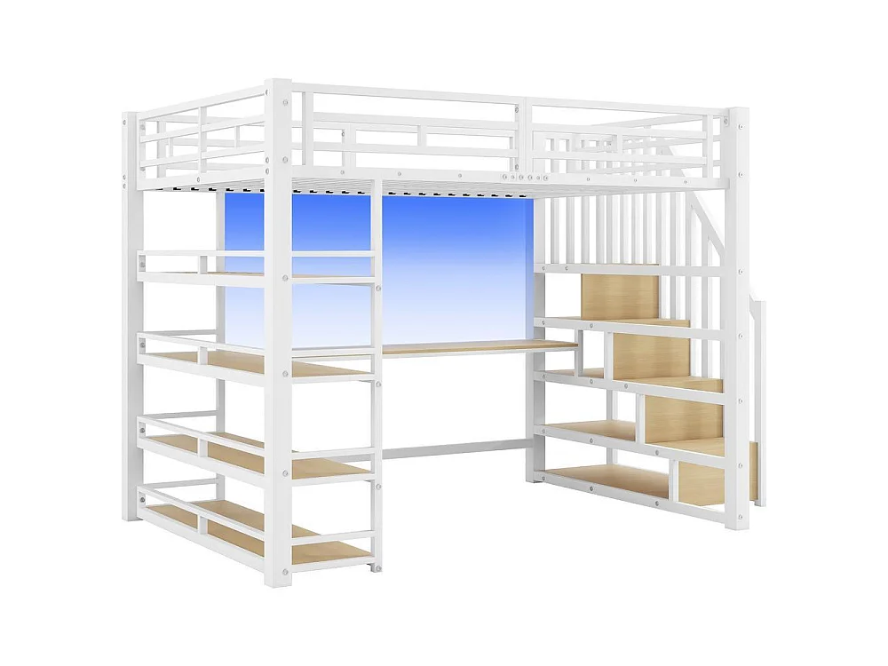 Lit mezzanine 140x200 cm en métal avec bureau intégré, LED RGB, USB, étagères de rangement, escalier sécurisé, blanc