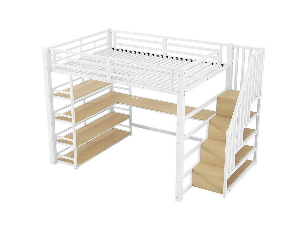 Lit mezzanine 140x200 cm en métal avec bureau intégré, LED RGB, USB, étagères de rangement, escalier sécurisé, blanc