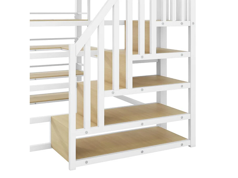 Lit mezzanine 140x200 cm en métal avec bureau intégré, LED RGB, USB, étagères de rangement, escalier sécurisé, blanc