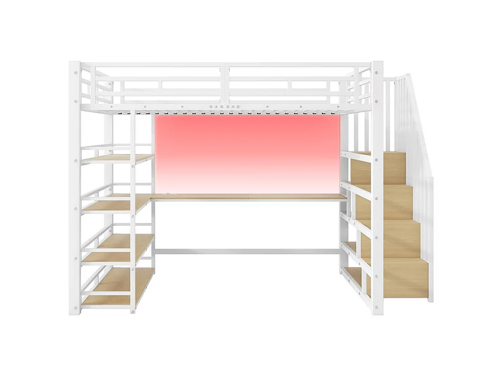 Lit mezzanine 140x200 cm en métal avec bureau intégré, LED RGB, USB, étagères de rangement, escalier sécurisé, blanc