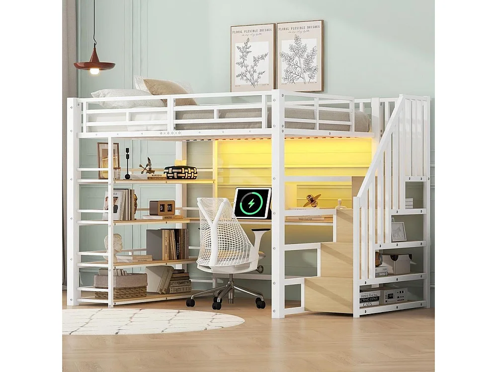 Lit mezzanine 140x200 cm en métal avec bureau intégré, LED RGB, USB, étagères de rangement, escalier sécurisé, blanc