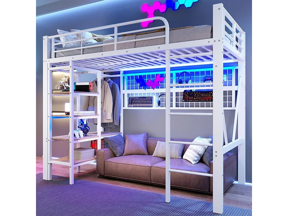 Lit mezzanine 90x200 cm, cadre métal, LED, filet suspendu, penderie, espace ouvert, très pratique et solide, blanc