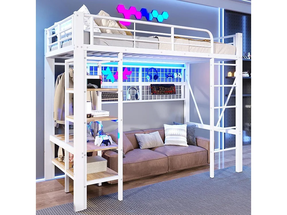 Lit mezzanine 90x200 cm, cadre métal, LED, filet suspendu, penderie, espace ouvert, très pratique et solide, blanc