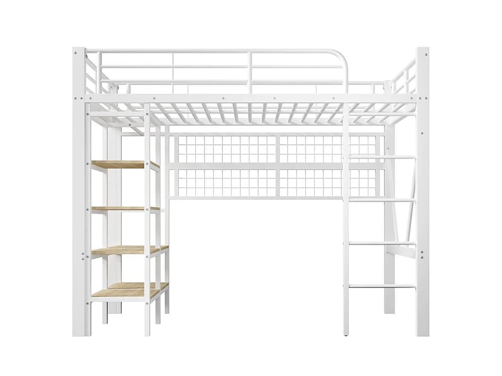 Lit mezzanine 90x200 cm, cadre métal, LED, filet suspendu, penderie, espace ouvert, très pratique et solide, blanc