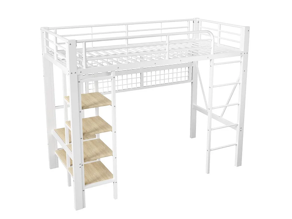 Lit mezzanine 90x200 cm, cadre métal, LED, filet suspendu, penderie, espace ouvert, très pratique et solide, blanc
