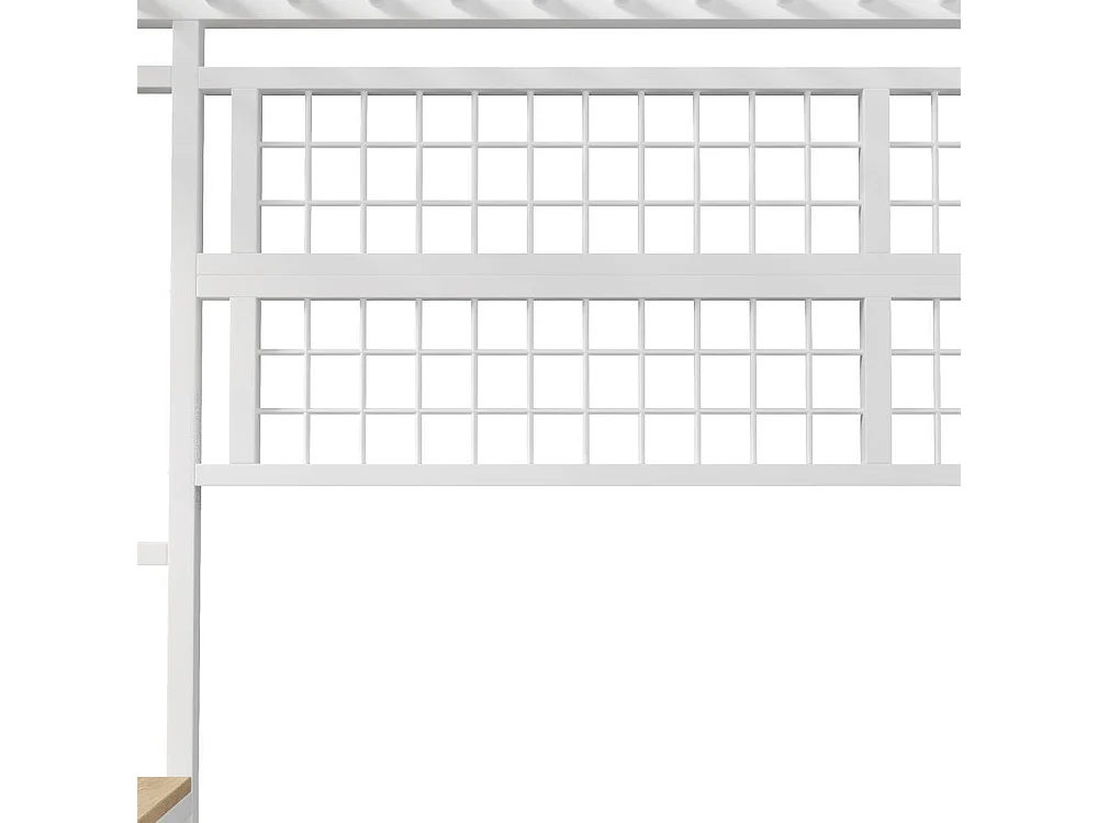 Lit mezzanine 90x200 cm, cadre métal, LED, filet suspendu, penderie, espace ouvert, très pratique et solide, blanc