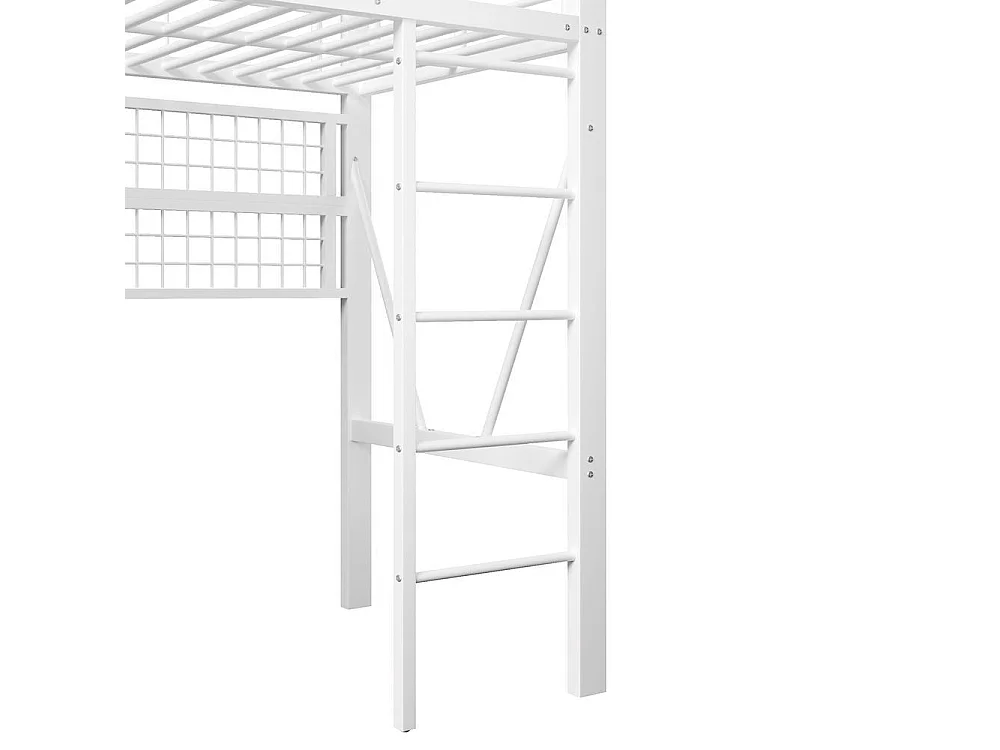 Lit mezzanine 90x200 cm, cadre métal, LED, filet suspendu, penderie, espace ouvert, très pratique et solide, blanc