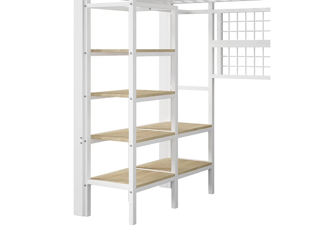 Lit mezzanine 90x200 cm, cadre métal, LED, filet suspendu, penderie, espace ouvert, très pratique et solide, blanc