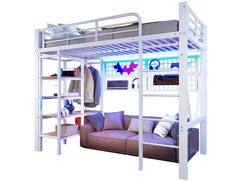 Lit mezzanine 90x200 cm, cadre métal, LED, filet suspendu, penderie, espace ouvert, très pratique et solide, blanc