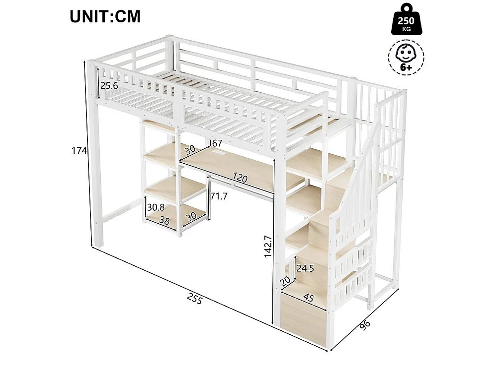 Lit mezzanine 90 x 200 cm métal MDF bureau intégré LED rangement échelle coffre USB design étudiant gain de place, blanc