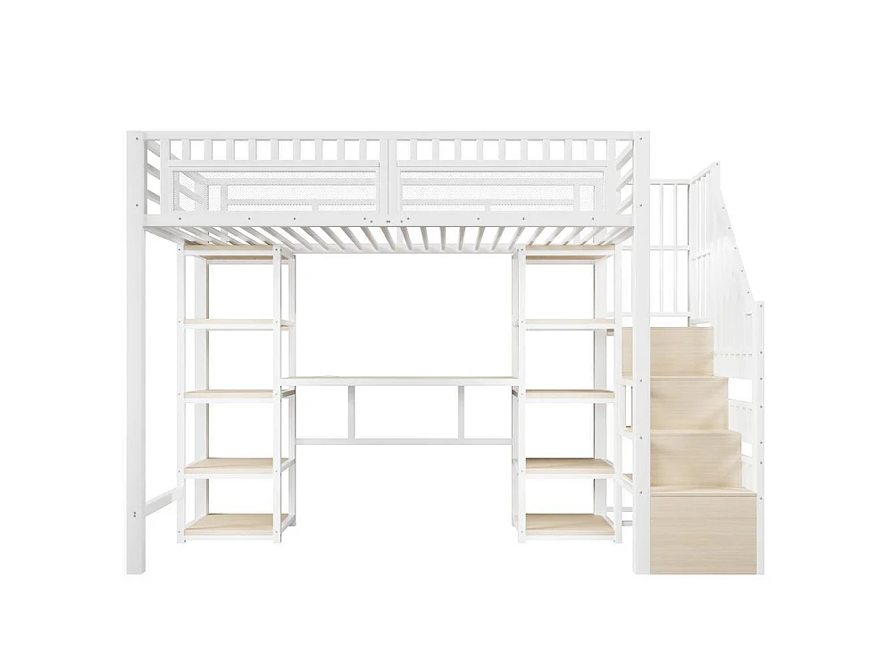 Lit mezzanine 90 x 200 cm métal MDF bureau intégré LED rangement échelle coffre USB design étudiant gain de place, blanc