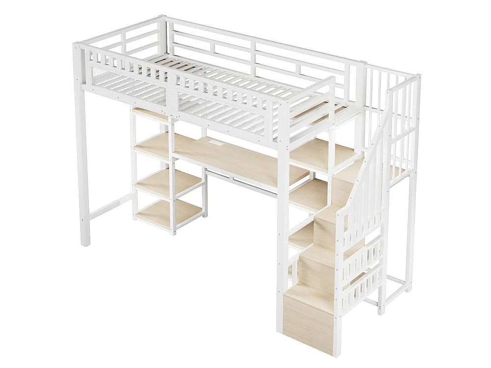 Lit mezzanine 90 x 200 cm métal MDF bureau intégré LED rangement échelle coffre USB design étudiant gain de place, blanc