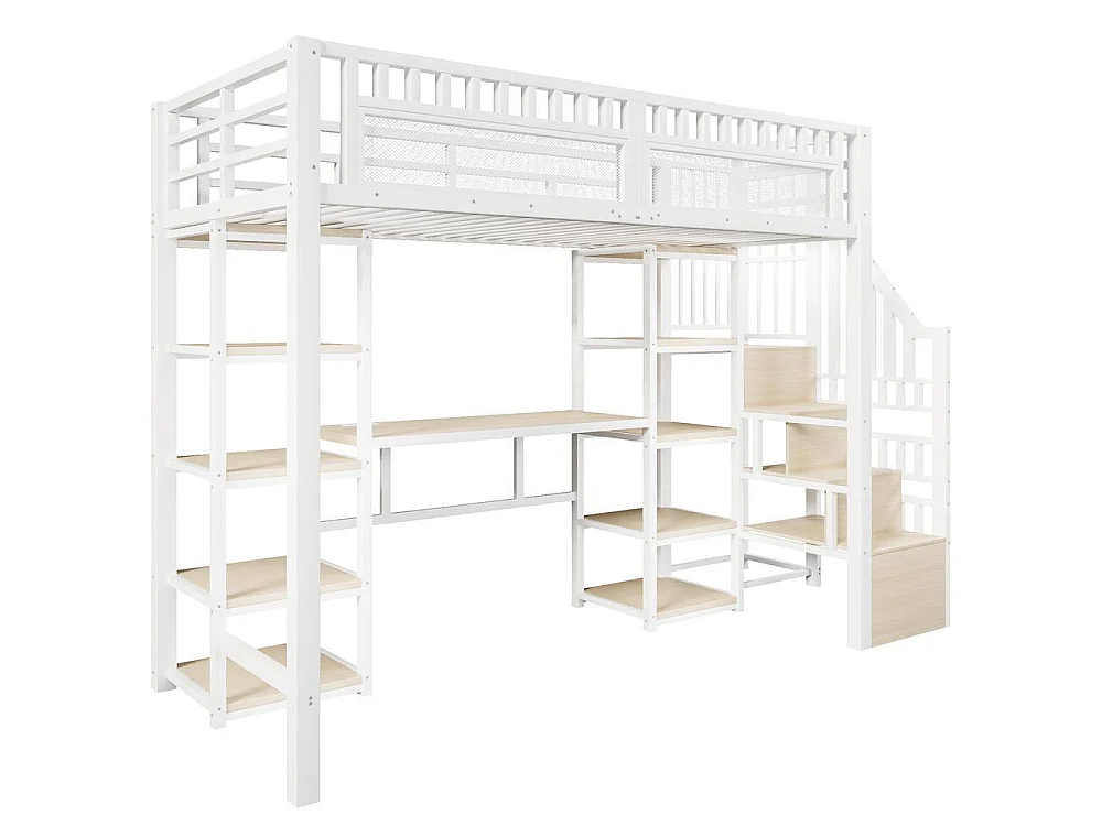 Lit mezzanine 90 x 200 cm métal MDF bureau intégré LED rangement échelle coffre USB design étudiant gain de place, blanc