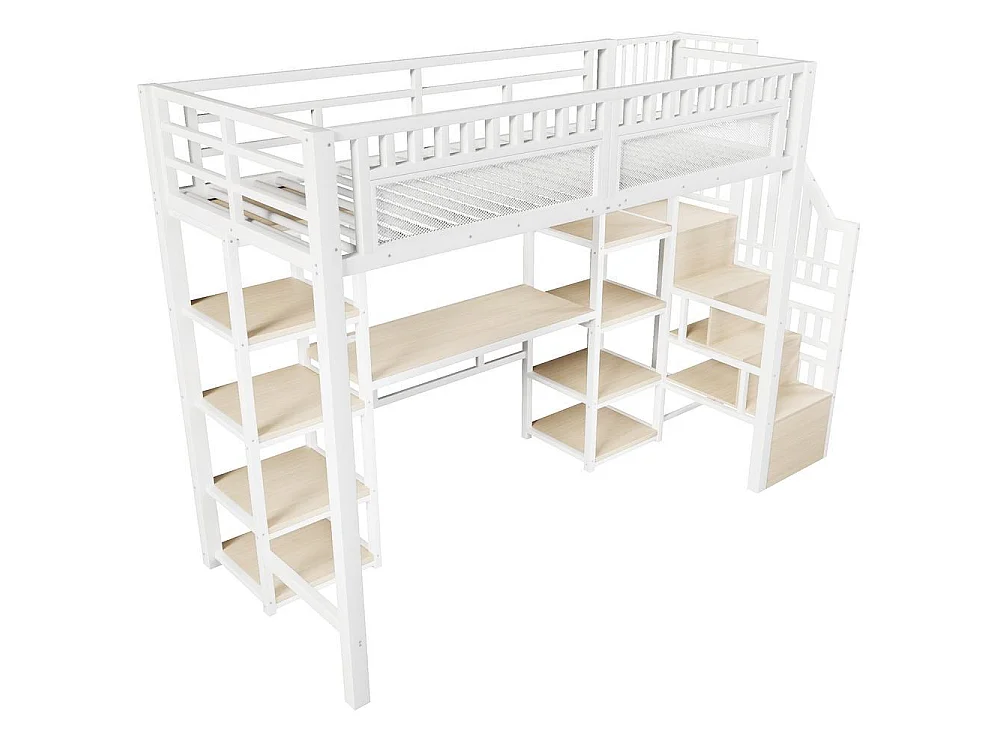 Lit mezzanine 90 x 200 cm métal MDF bureau intégré LED rangement échelle coffre USB design étudiant gain de place, blanc