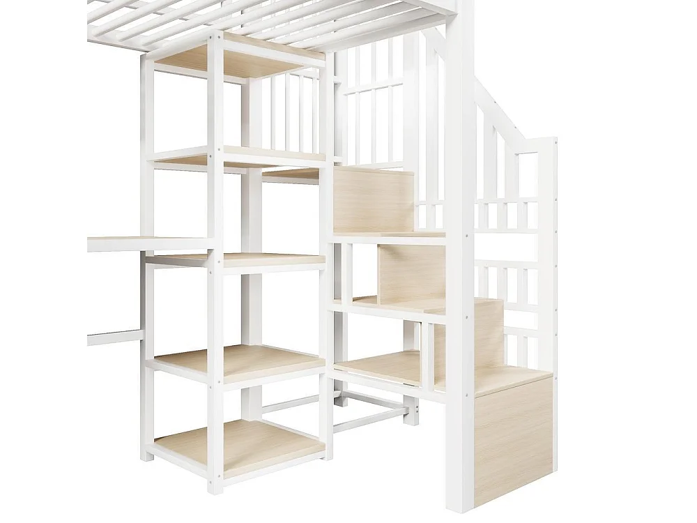 Lit mezzanine 90 x 200 cm métal MDF bureau intégré LED rangement échelle coffre USB design étudiant gain de place, blanc
