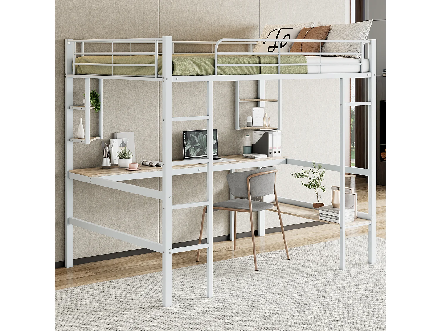 Lit mezzanine 140x200 cm, avec bureau, 4 étagères, grande bibliothèque, cadre en métal, certifié EN747, blanc