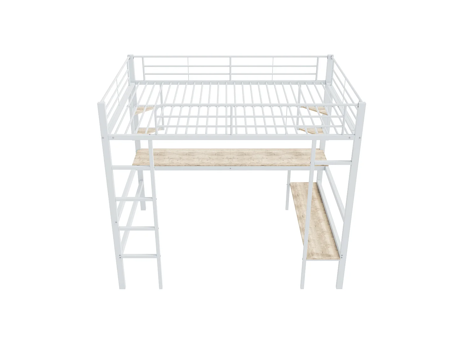 Lit mezzanine 140x200 cm, avec bureau, 4 étagères, grande bibliothèque, cadre en métal, certifié EN747, blanc