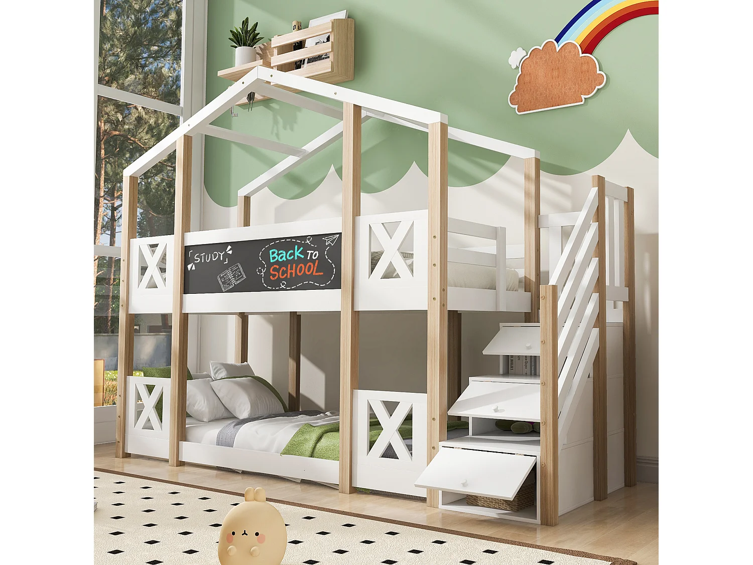 Lit Superposé 90x200 cm, Lit Cabane avec Étagères Escalier, Barrière de Sécurité, 2 Sommiers Inclus, Sans Matelas, Naturel et Blanc